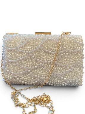 Ivory White Pearl Beaded Evening Box Clutch Bag with Gold Chain